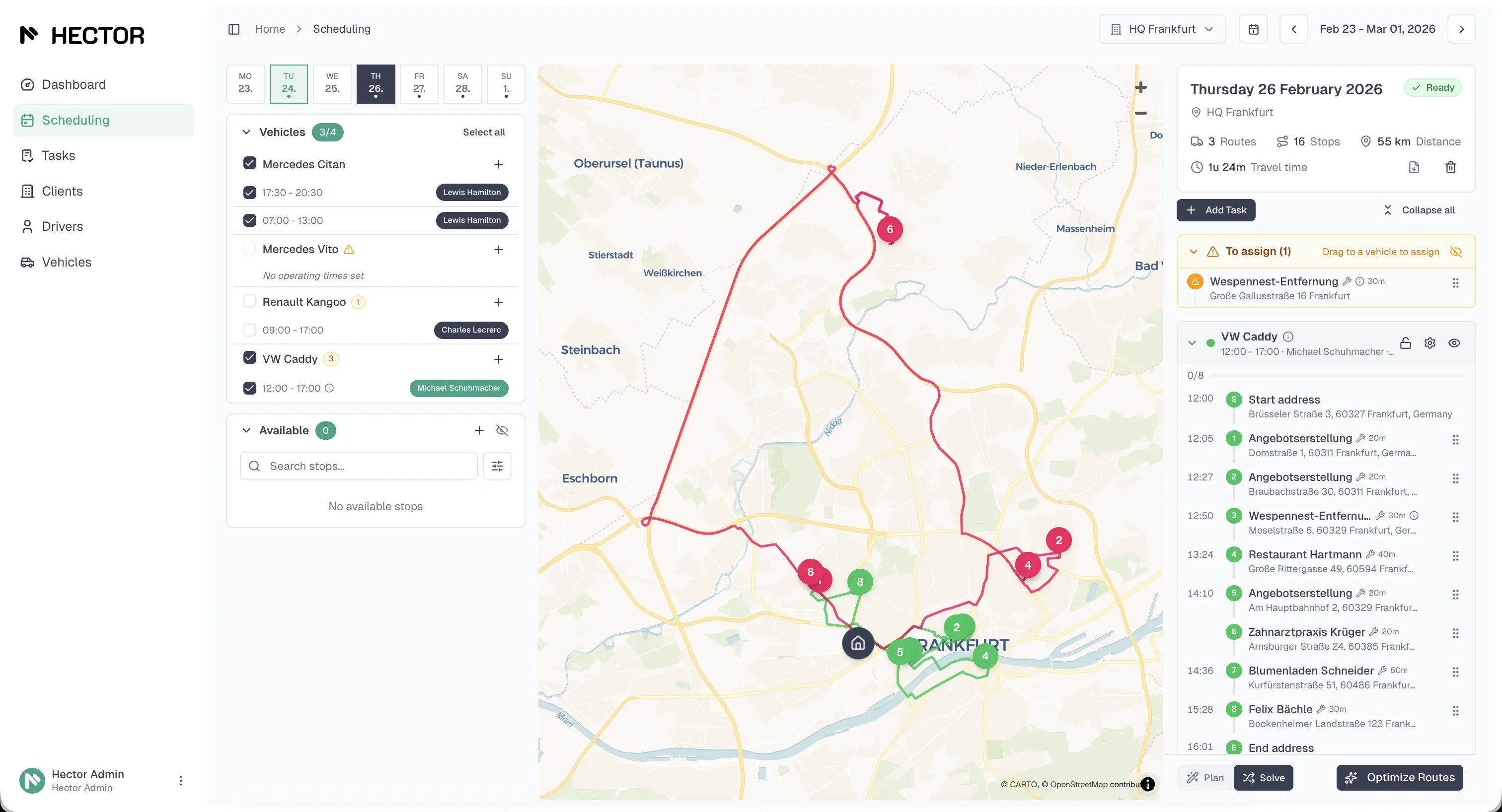 Hector route optimization dashboard showing map with optimized routes
