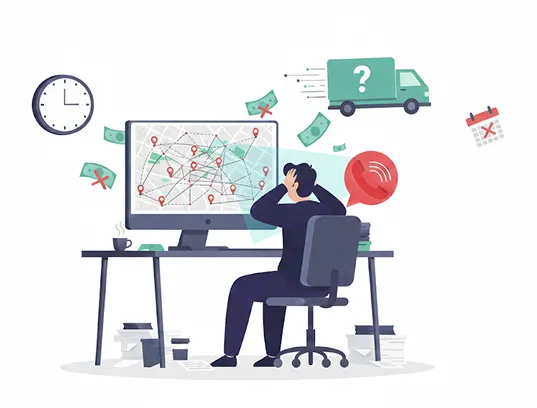 Frustrated route planner at desk surrounded by chaotic maps